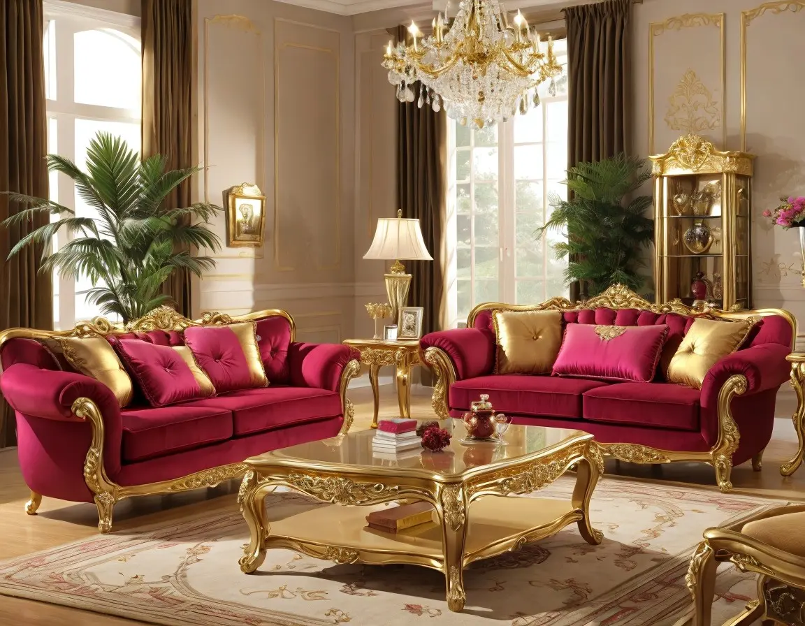 Elegantes Wohnzimmermöbelset im Stil der 80er Jahre in Gold und kräftigen Farben