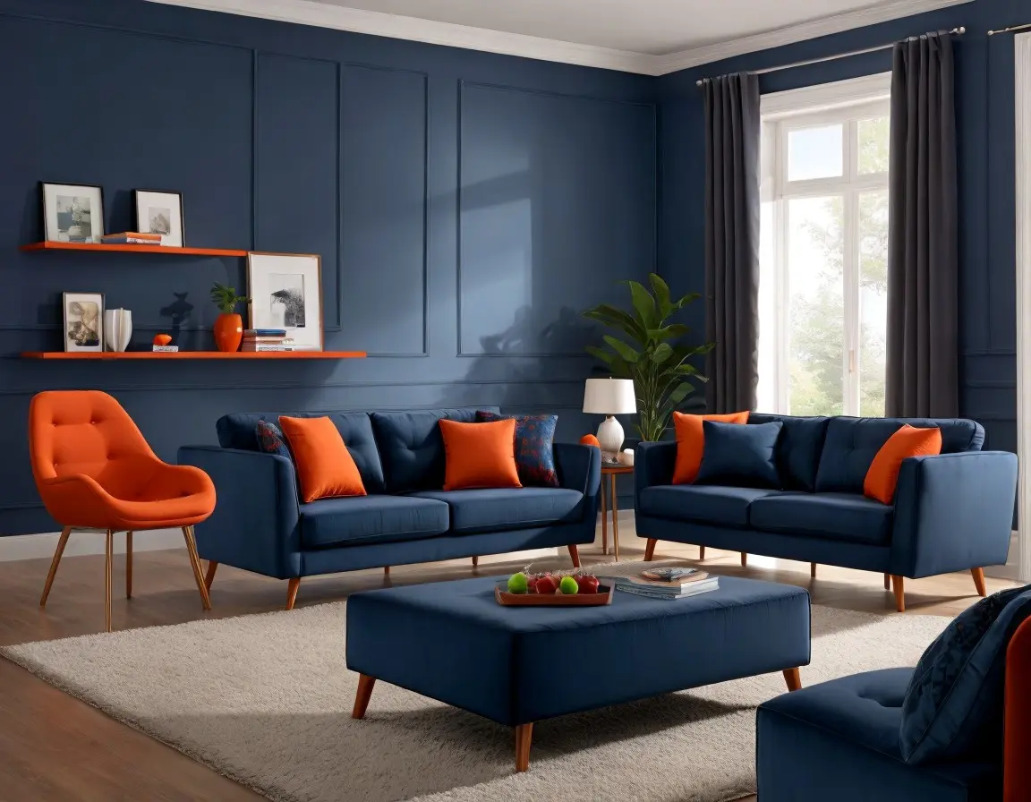 Wohnzimmermöbel-Set in den Farben Dunkelblau und Orange
